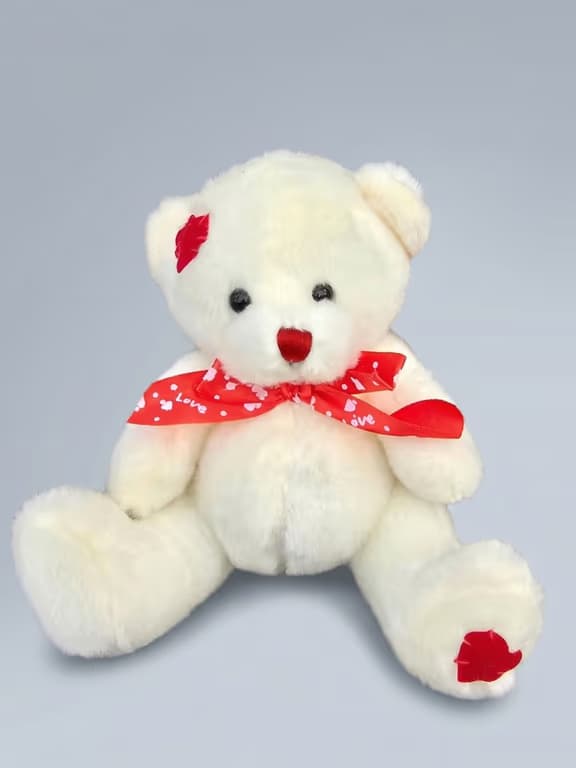 бяло мече с червена панделка