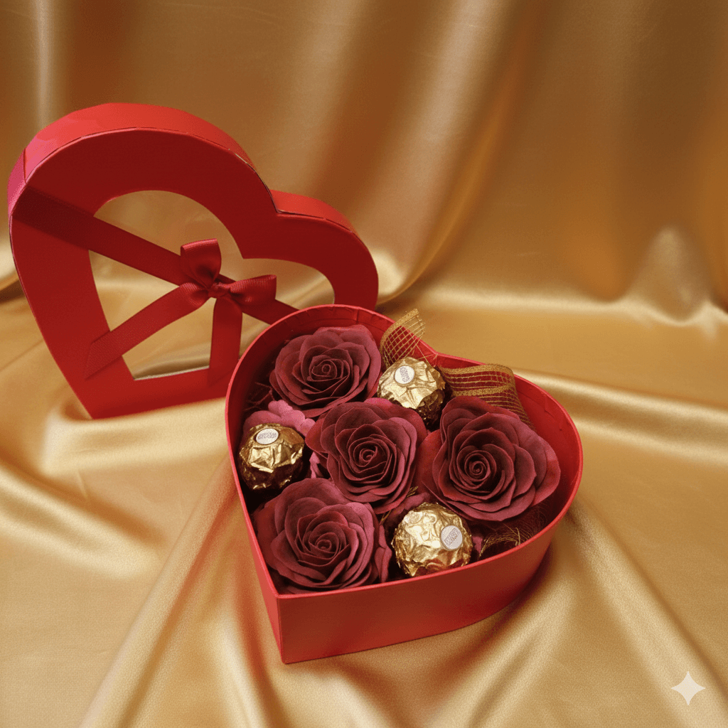 Кутия сърце с рози и бонбони